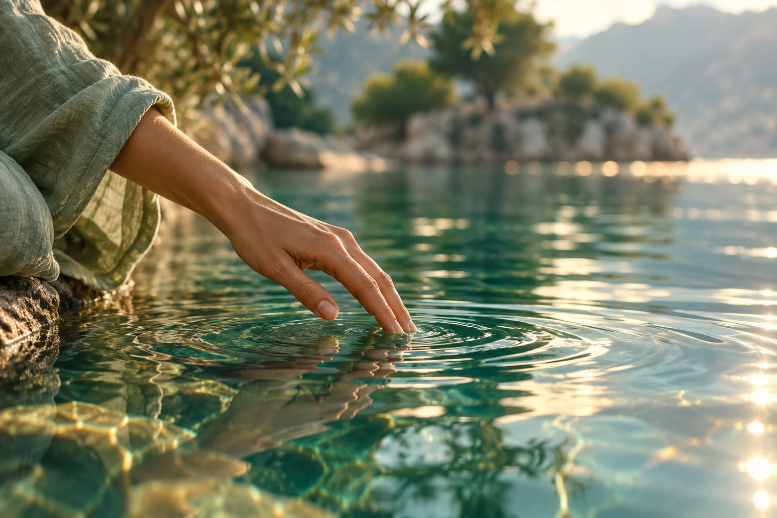 Une main effleure l’eau et dessine des cercles à sa surface